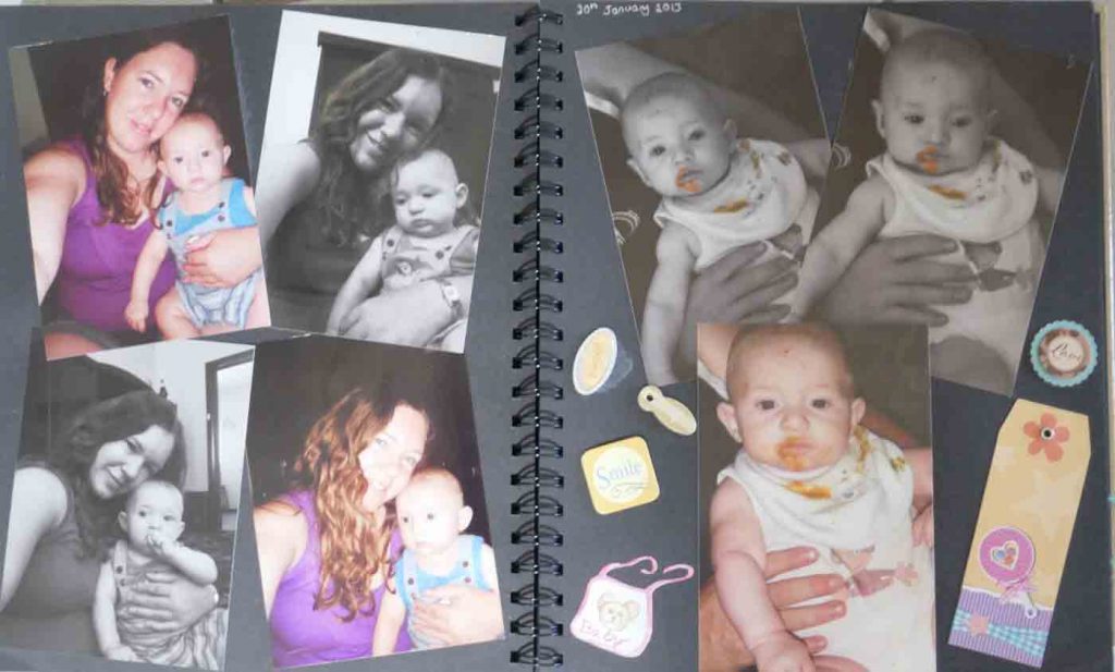 https://www.writteninwaikiki.com/why-you-should-try-scrapbooking/ scrapbook layout baby food messy