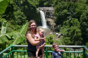 Bali waterfall mum and kids